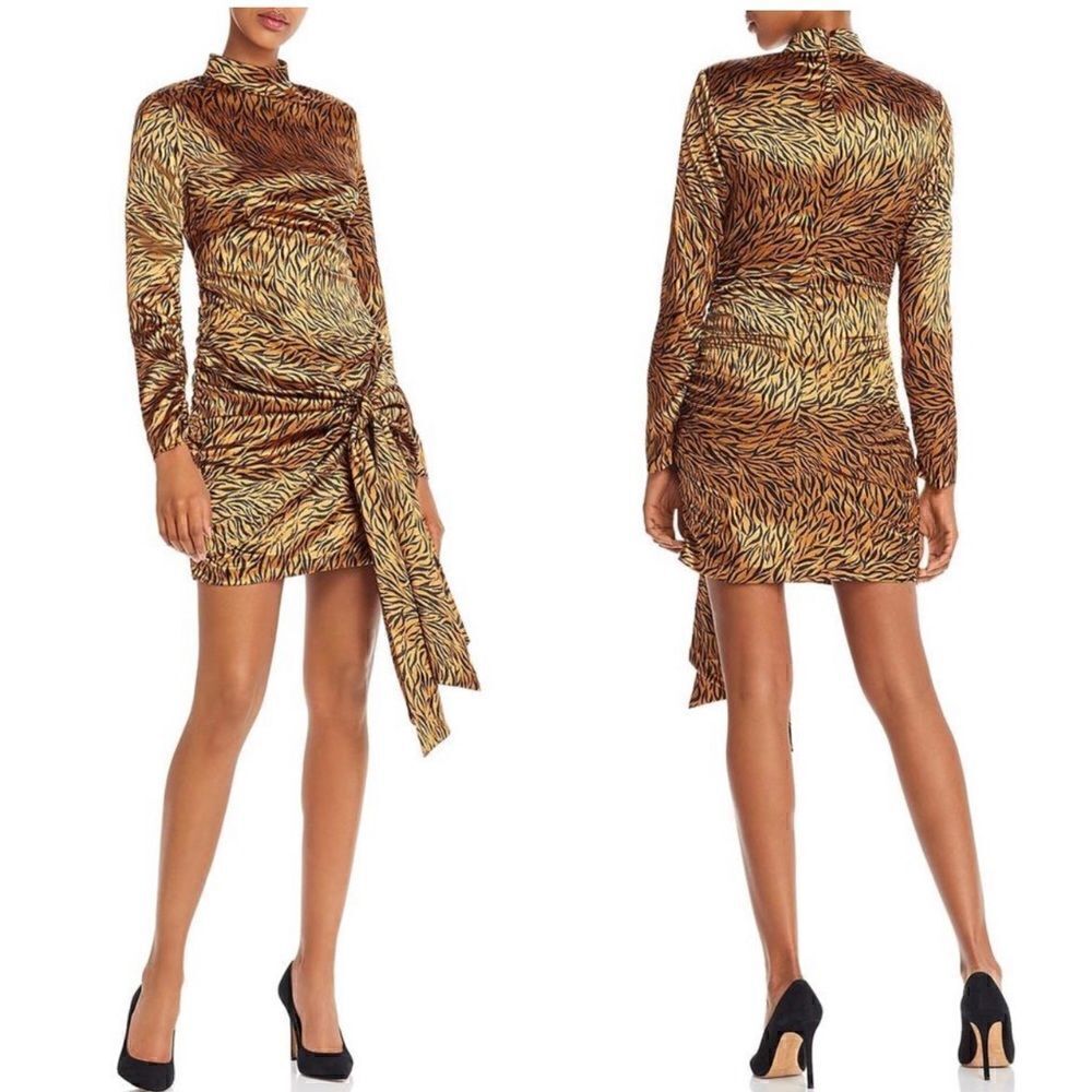 Likely Khaleesi Animal Print Long Sleeve Ruched Tie Mini Dress | SZ 2 | Gold